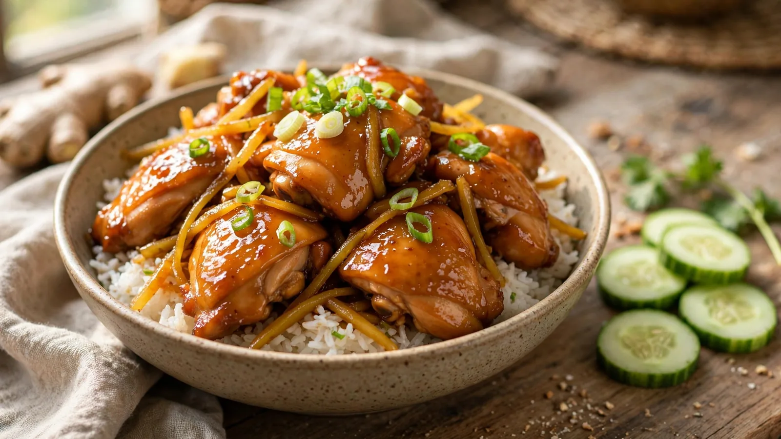 Bowl of Vietnamese ginger chicken with glossy amber-glazed chicken thigh pieces and softened ginger matchsticks over jasmine rice, with scallions, cucumber slices and a small dish on the side