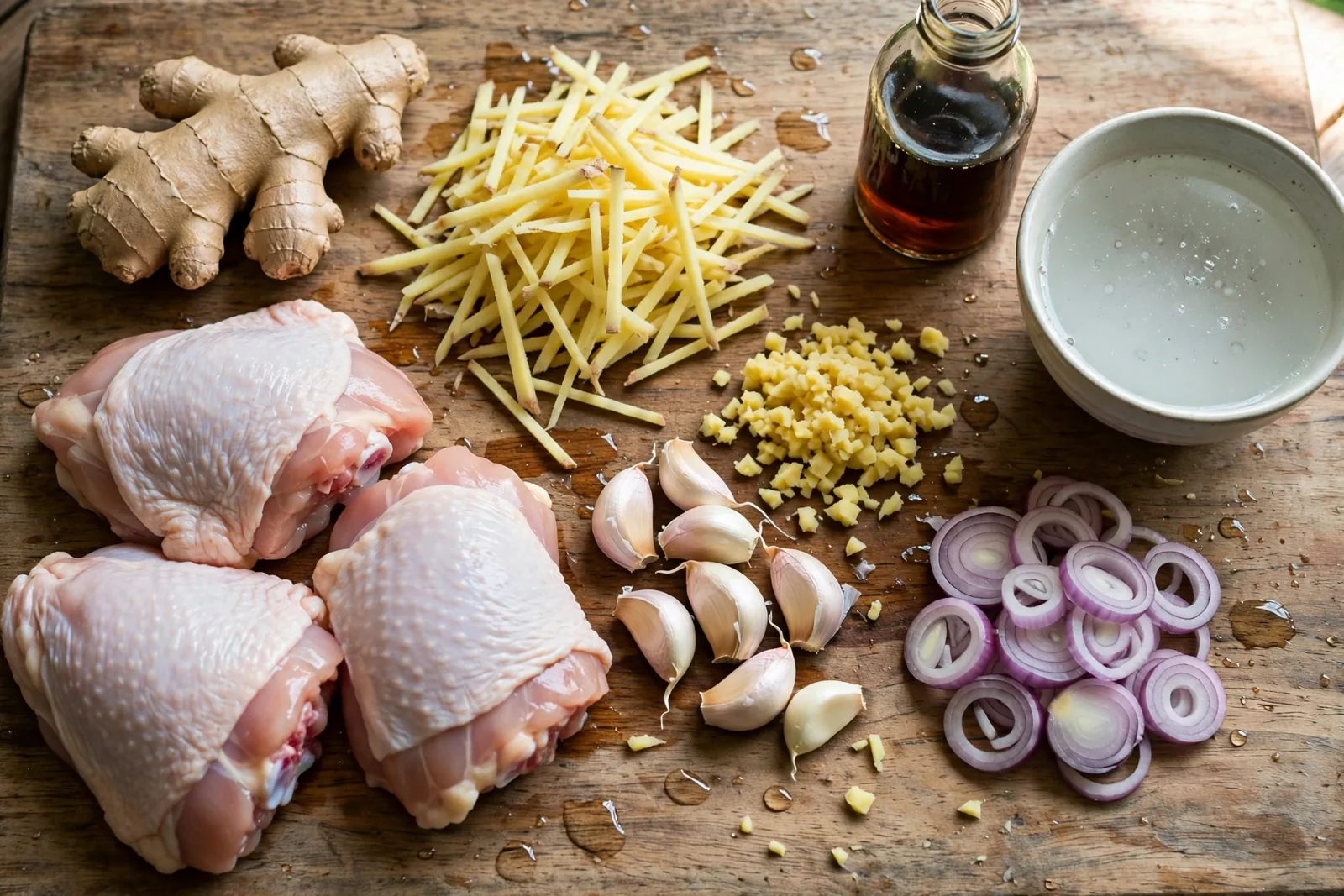 Fresh ginger root, julienned ginger matchsticks, minced ginger, garlic cloves, a shallot, fish sauce and coconut water arranged beside raw chicken thigh pieces on a cutting board