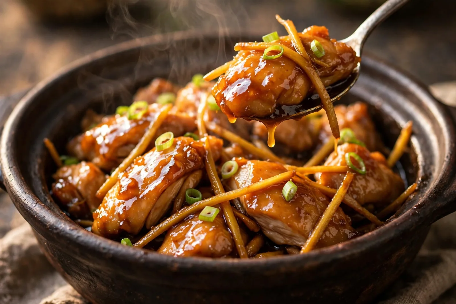 Finished Vietnamese ginger chicken in a clay pot at the glaze stage, chicken pieces coated in shiny amber caramel with soft ginger strips, steam rising, scallions scattered on top
