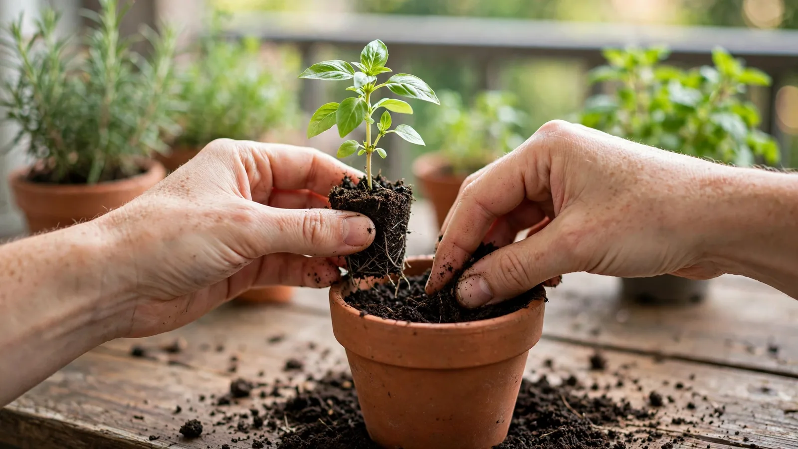 Hands planting a small Thai basil seedling into a terracotta pot of soil on a wooden balcony table