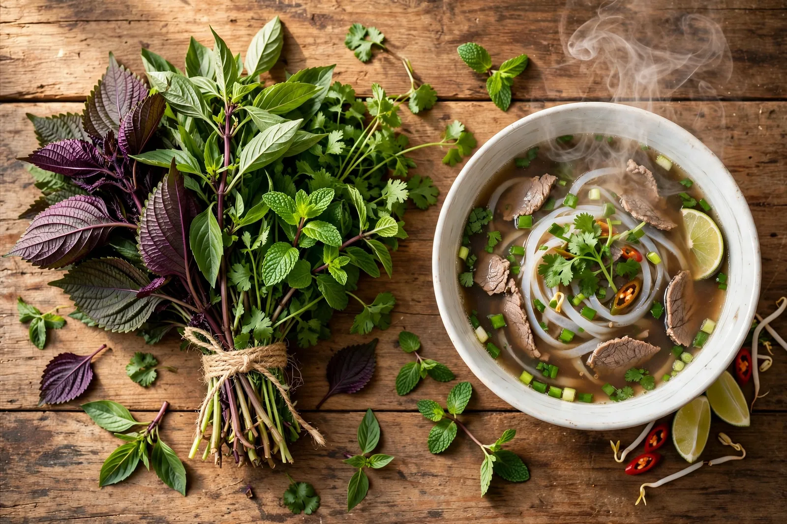 Fresh bundle of Thai basil, purple perilla, mint and cilantro beside a steaming bowl of pho on a wooden table