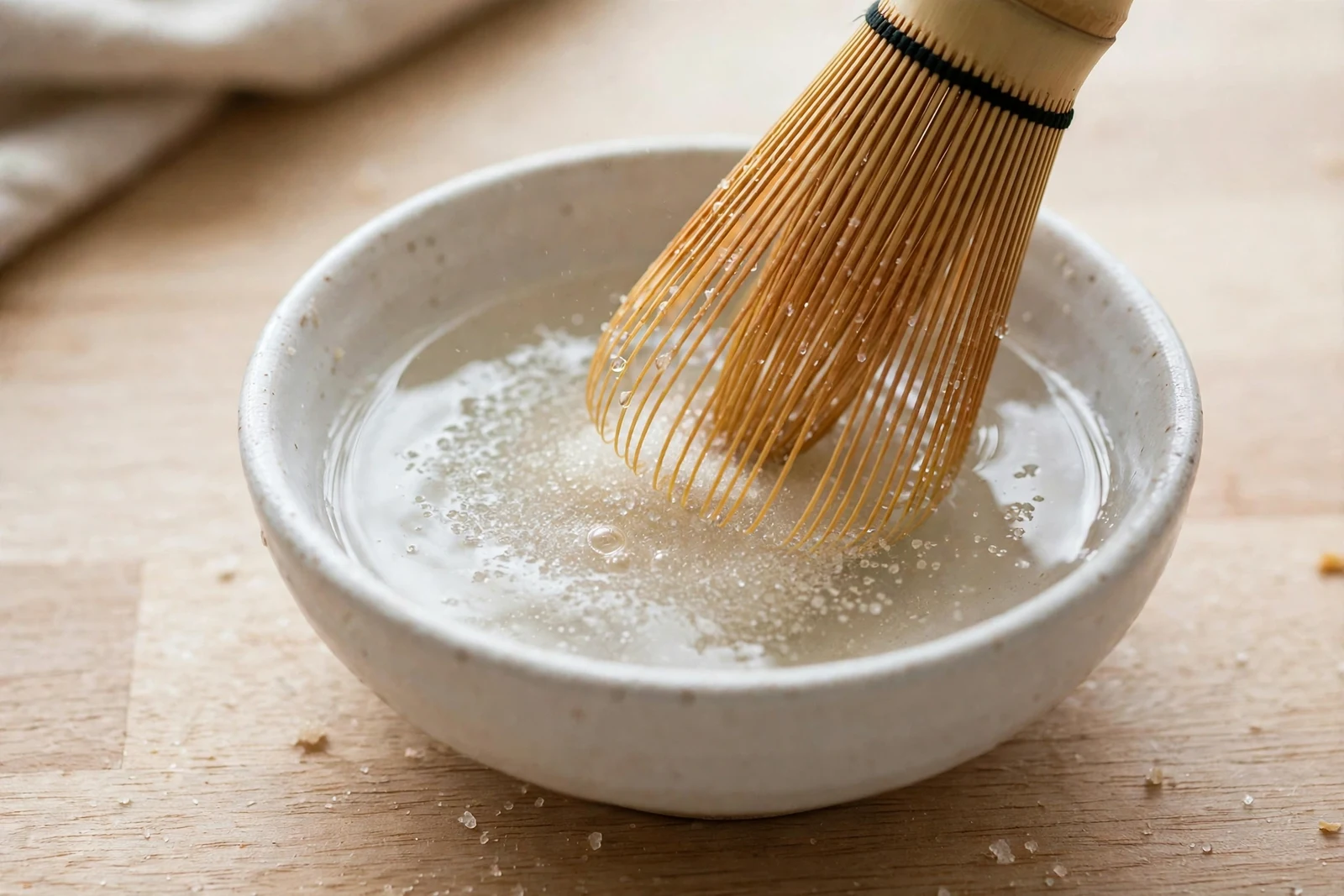 Rice vinegar and sugar being whisked together in a small white bowl with a bamboo whisk