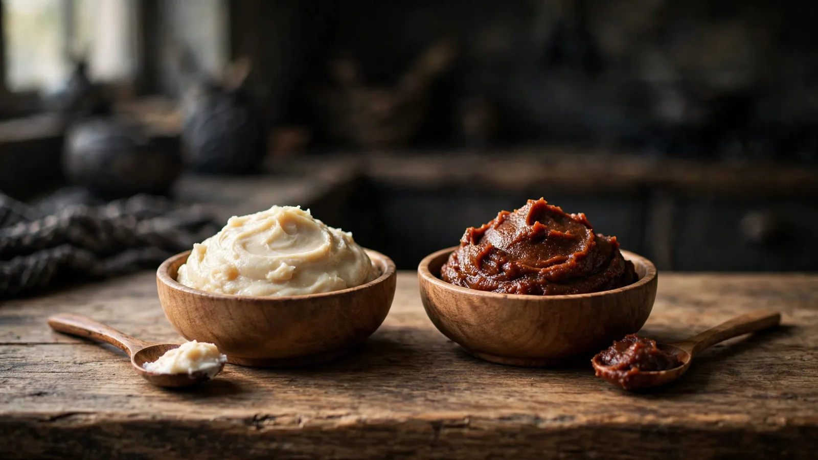 Two small wooden bowls of miso paste side by side, pale beige white miso in the left bowl and deep reddish-brown red miso in the right bowl, on a wooden counter