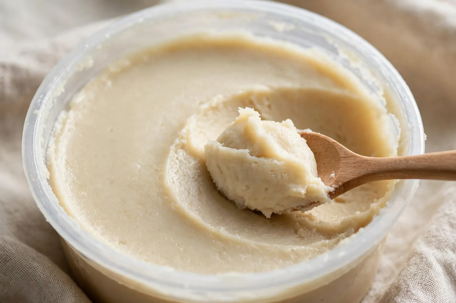 Close-up of smooth pale beige white miso paste in an open round plastic tub