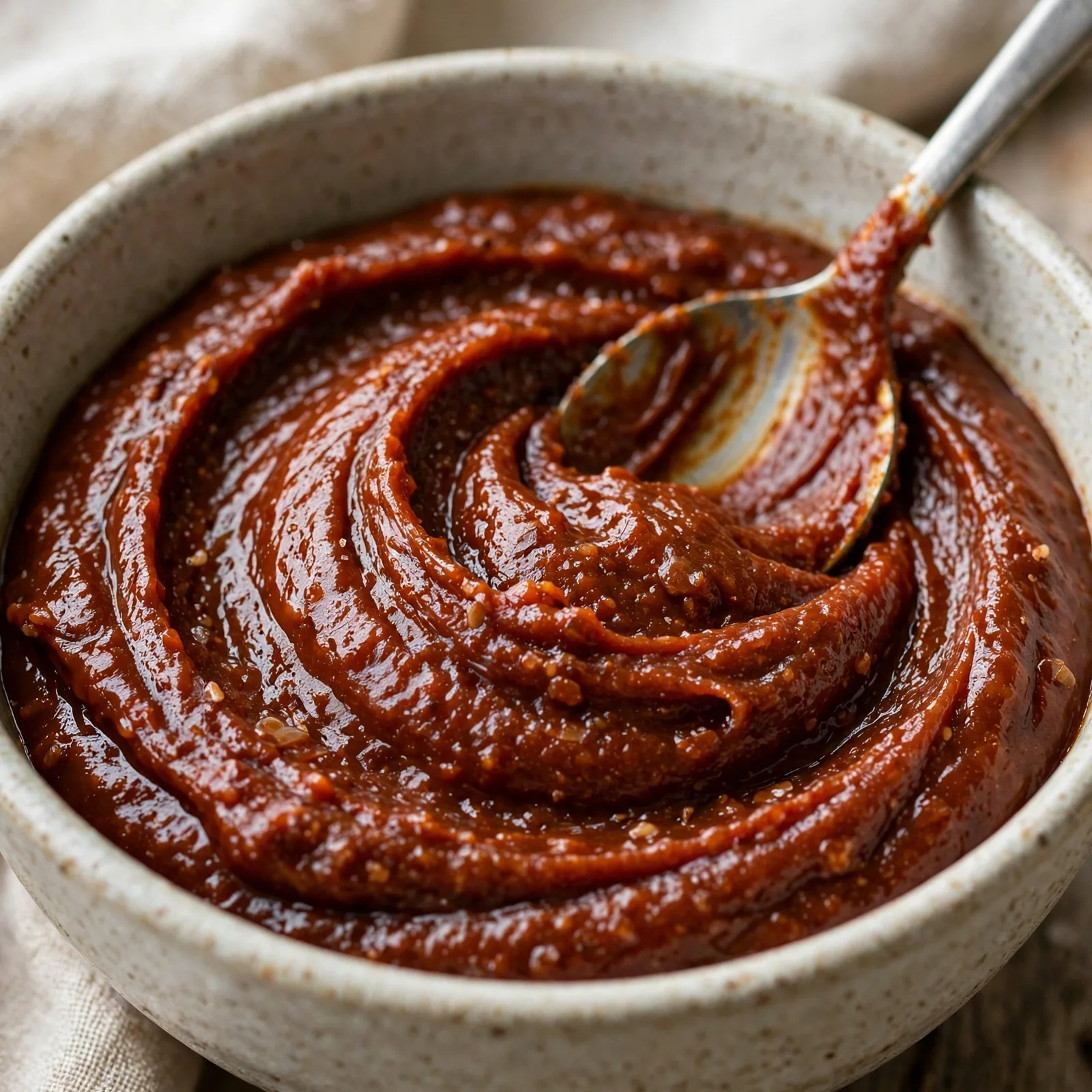 Close-up of thick deep reddish-brown red miso paste in an open ceramic bowl