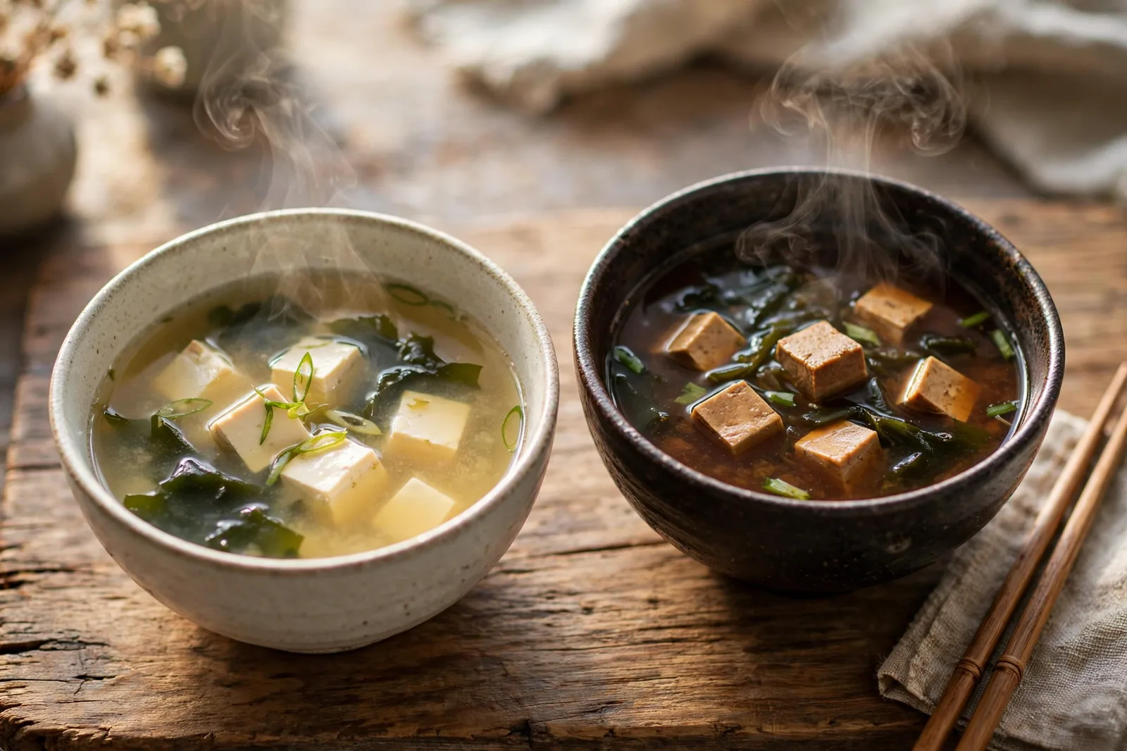 Two bowls of miso soup side by side on a wooden table, one pale golden made with white miso and one deep brown made with red miso