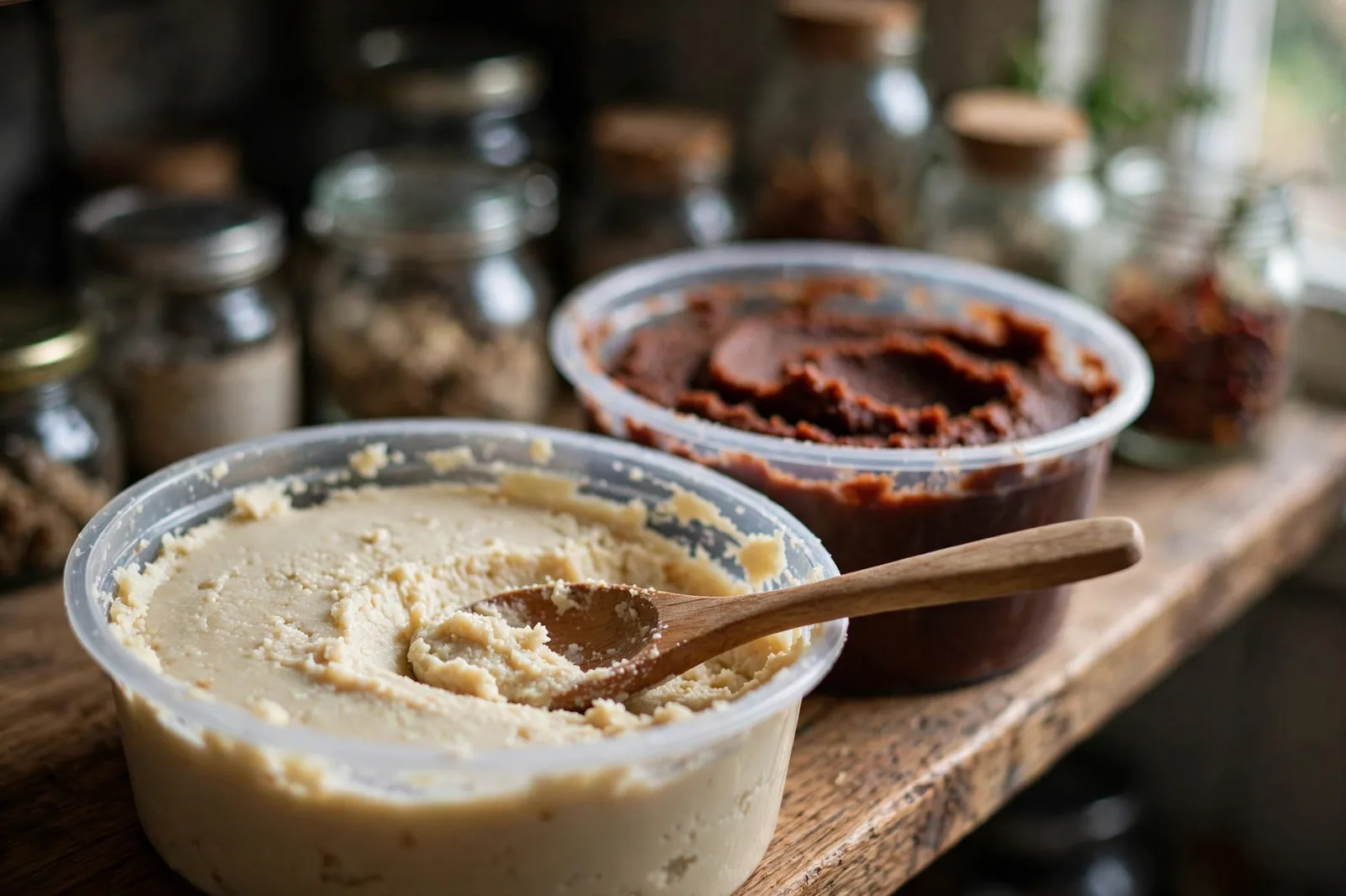 Two open tubs of miso paste on a kitchen shelf, a wooden spoon resting in the pale white miso tub with a red miso tub behind it