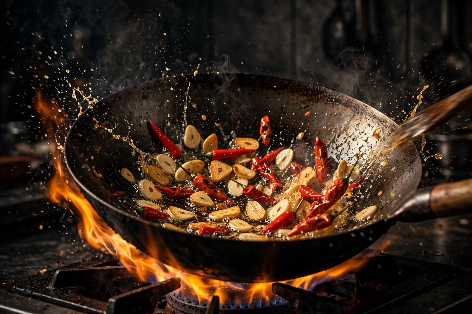 Sliced garlic and red Thai bird chilies sizzling in hot oil in a dark wok over high heat.
