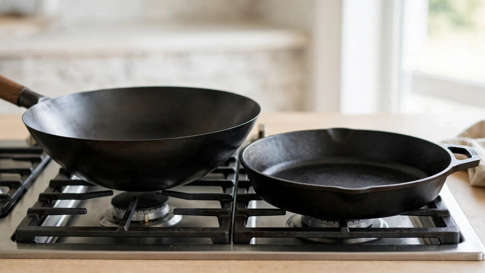 Black carbon steel wok with a wooden handle and a black cast-iron skillet side by side on a gas stovetop, both empty and clean in bright kitchen light