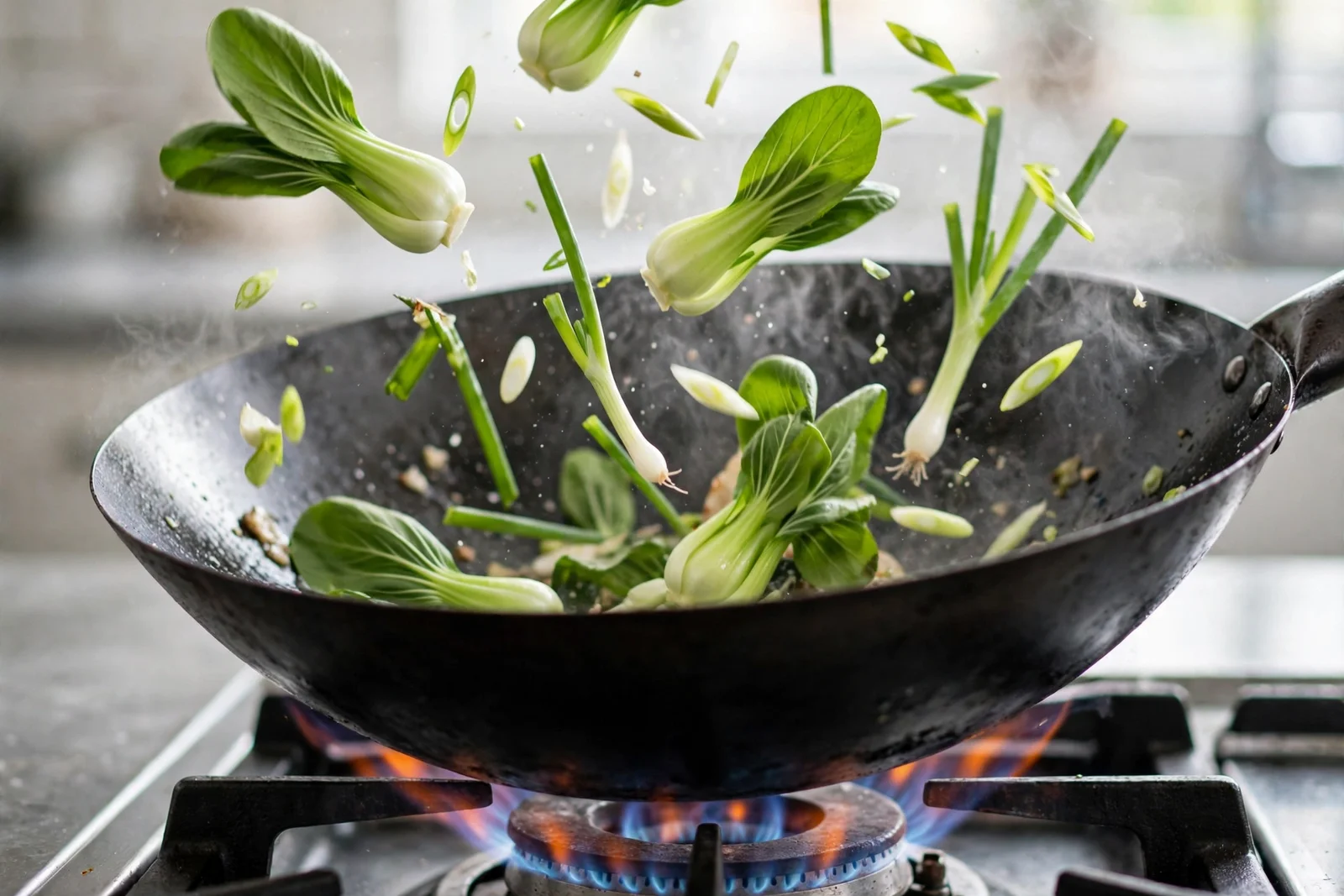 Bok choy and scallions tossing in a black carbon steel wok over a blue gas flame, green leaves mid-air with light steam as the sloped walls contain the vegetables