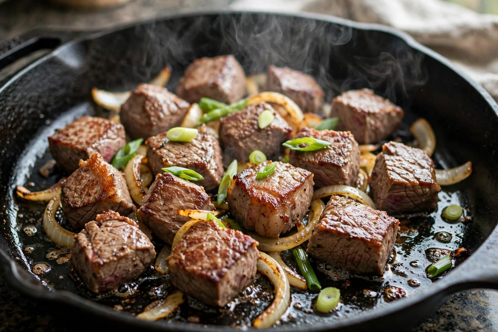 Cubed beef searing in a black cast-iron skillet with sliced onions and scallions, golden-brown crust on the meat and light steam rising from the flat skillet surface