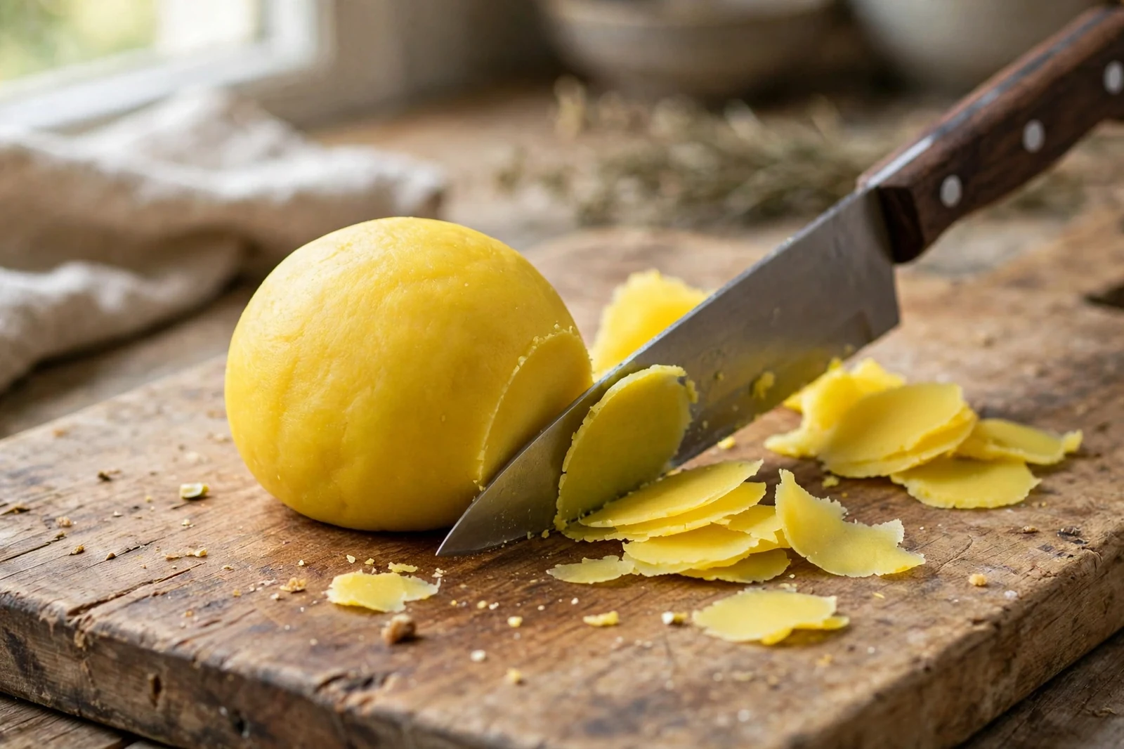 A compacted ball of yellow mung-bean paste on a wooden board, a knife shaving thin slices off it
