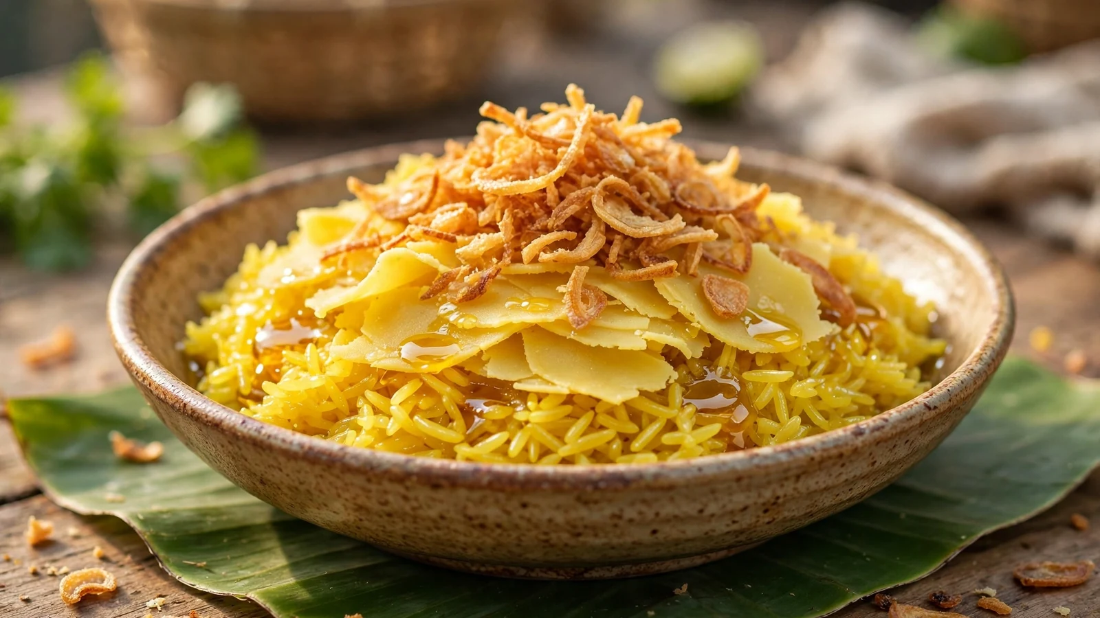 A bowl of xoi xeo: golden sticky rice topped with thin slices of yellow mung-bean paste and a pile of crisp golden fried shallots, served on a banana leaf