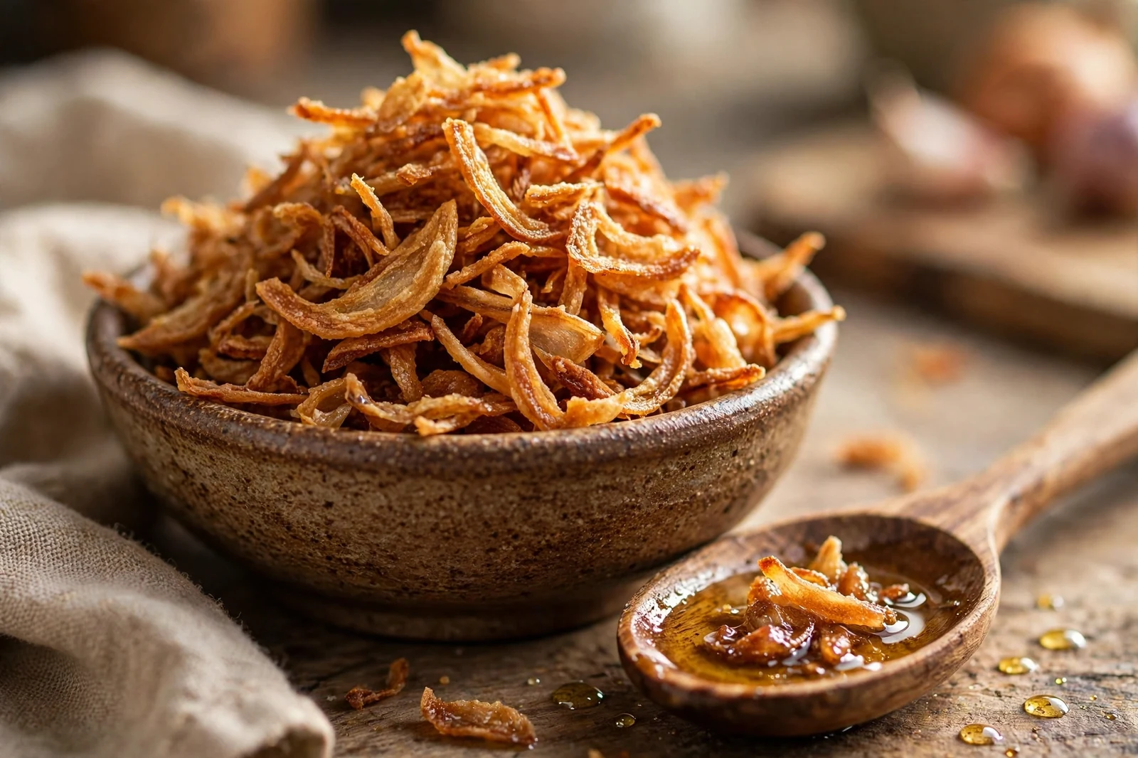 Golden fried shallots in a small bowl with a spoon, a little of their fragrant oil glistening