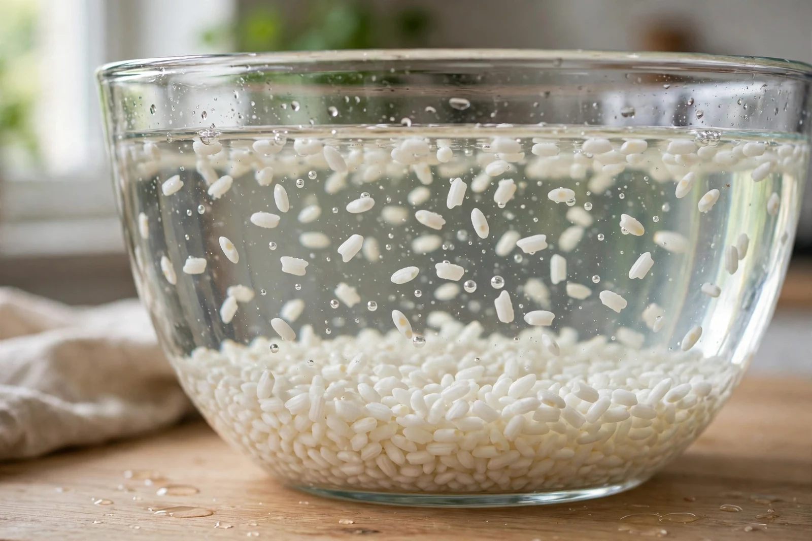 Glutinous rice soaking in a large glass bowl of clear water