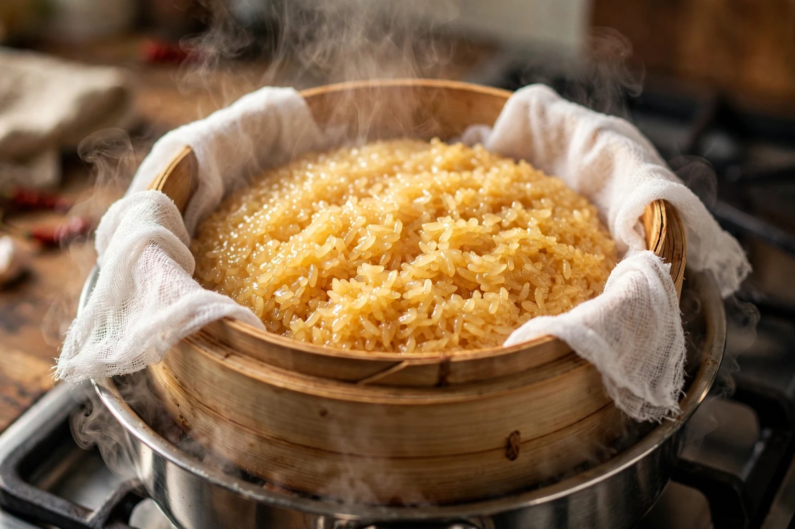 Sticky rice steaming in a bamboo steamer basket lined with cheesecloth, steam rising