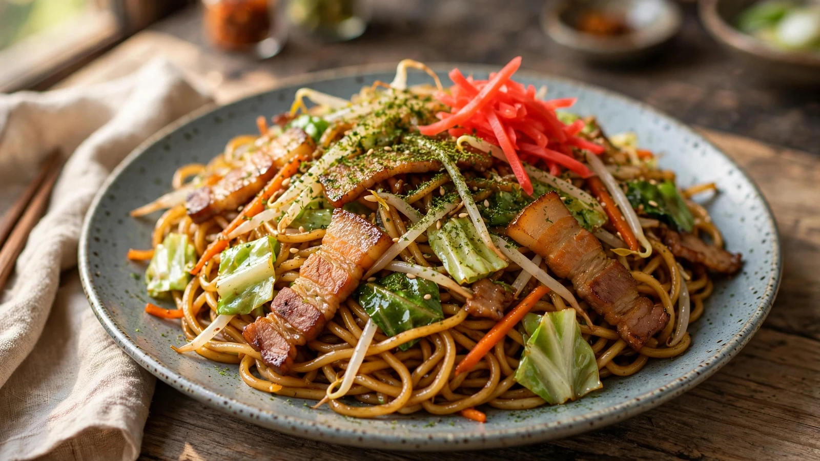 A plate of yakisoba — glossy stir-fried wheat noodles with thin strips of pork belly, green cabbage, julienned carrot, and bean sprouts, dusted with green aonori seaweed powder and topped with red pickled ginger