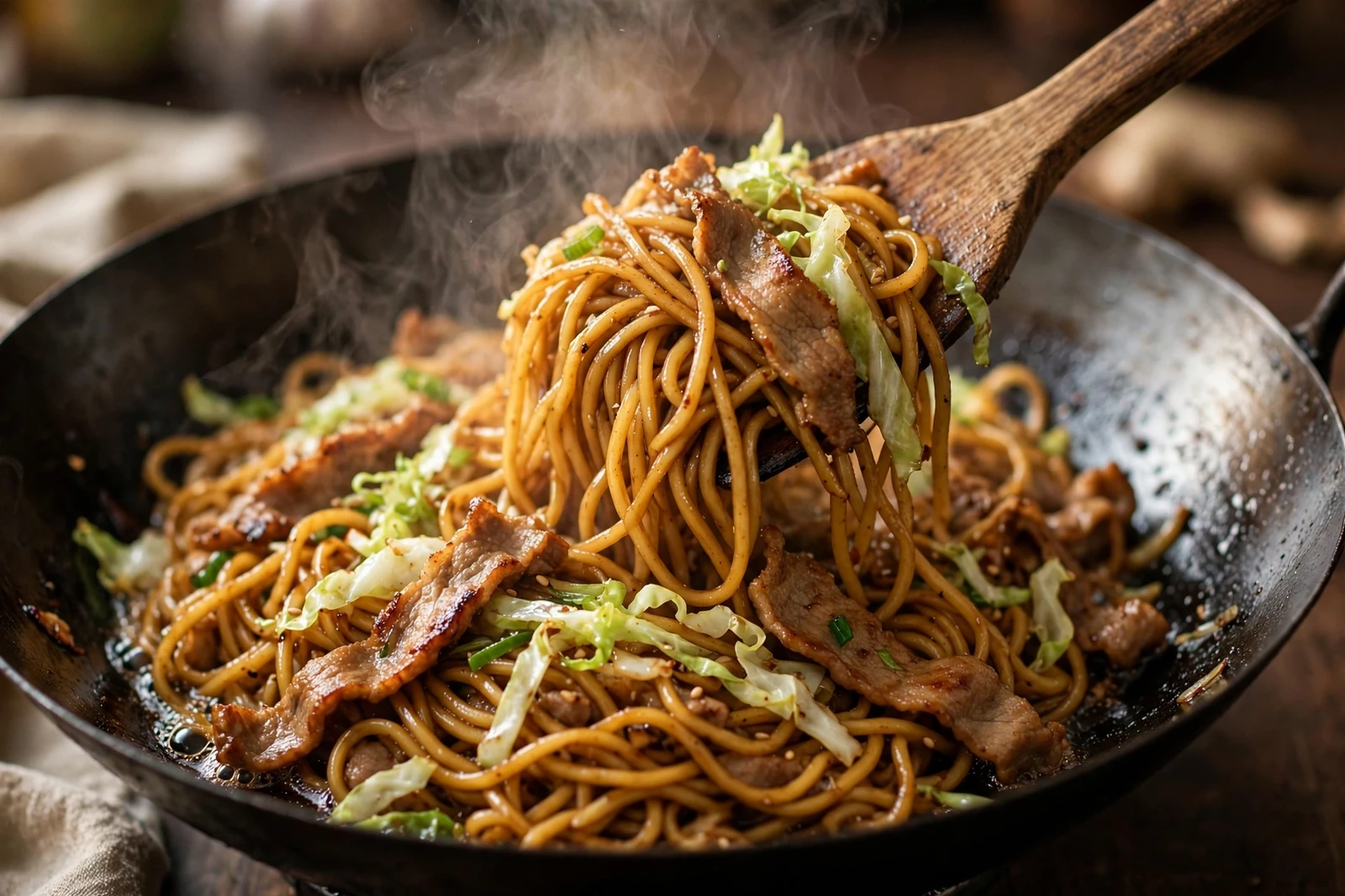 Yakisoba wheat noodles sizzling in a hot wok with thin strips of pork and shredded green cabbage, steam rising as a wooden spatula lifts the noodles