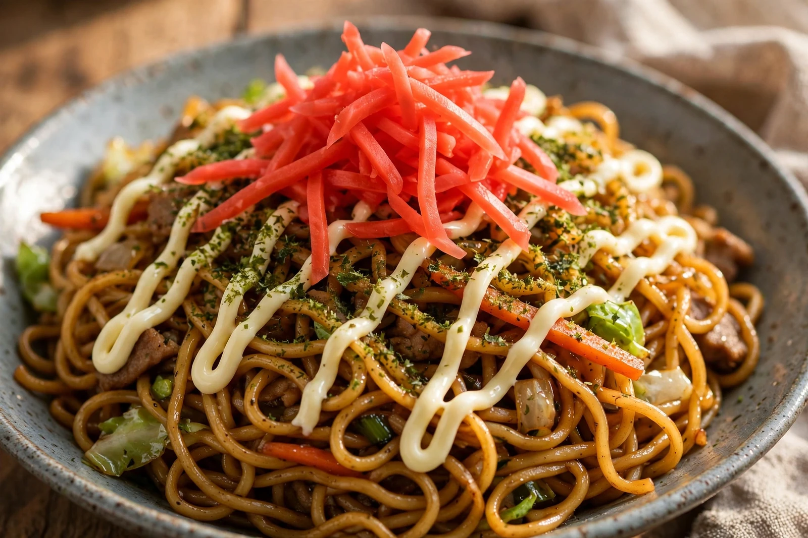 Close-up of a yakisoba plate dusted with aonori and topped with a pile of red pickled ginger, Japanese mayonnaise drizzled in a zigzag over the top
