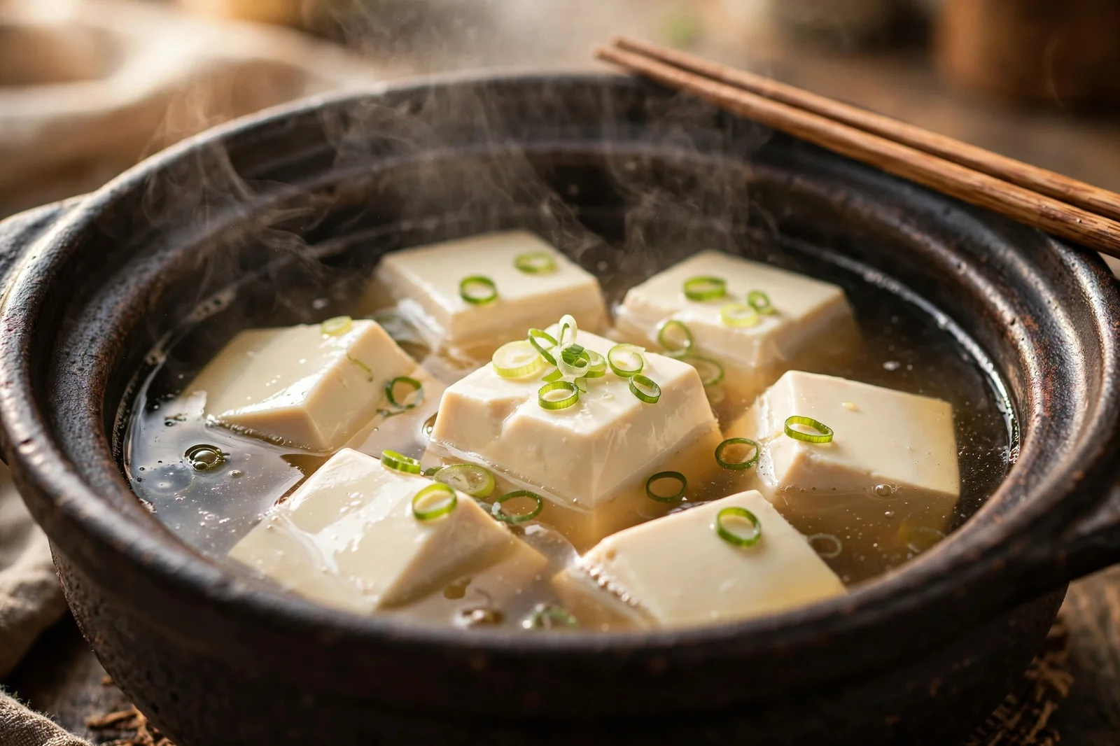 Close-up of glossy silken tofu cubes gently simmering in clear kombu broth in a clay pot, garnished with sliced scallions
