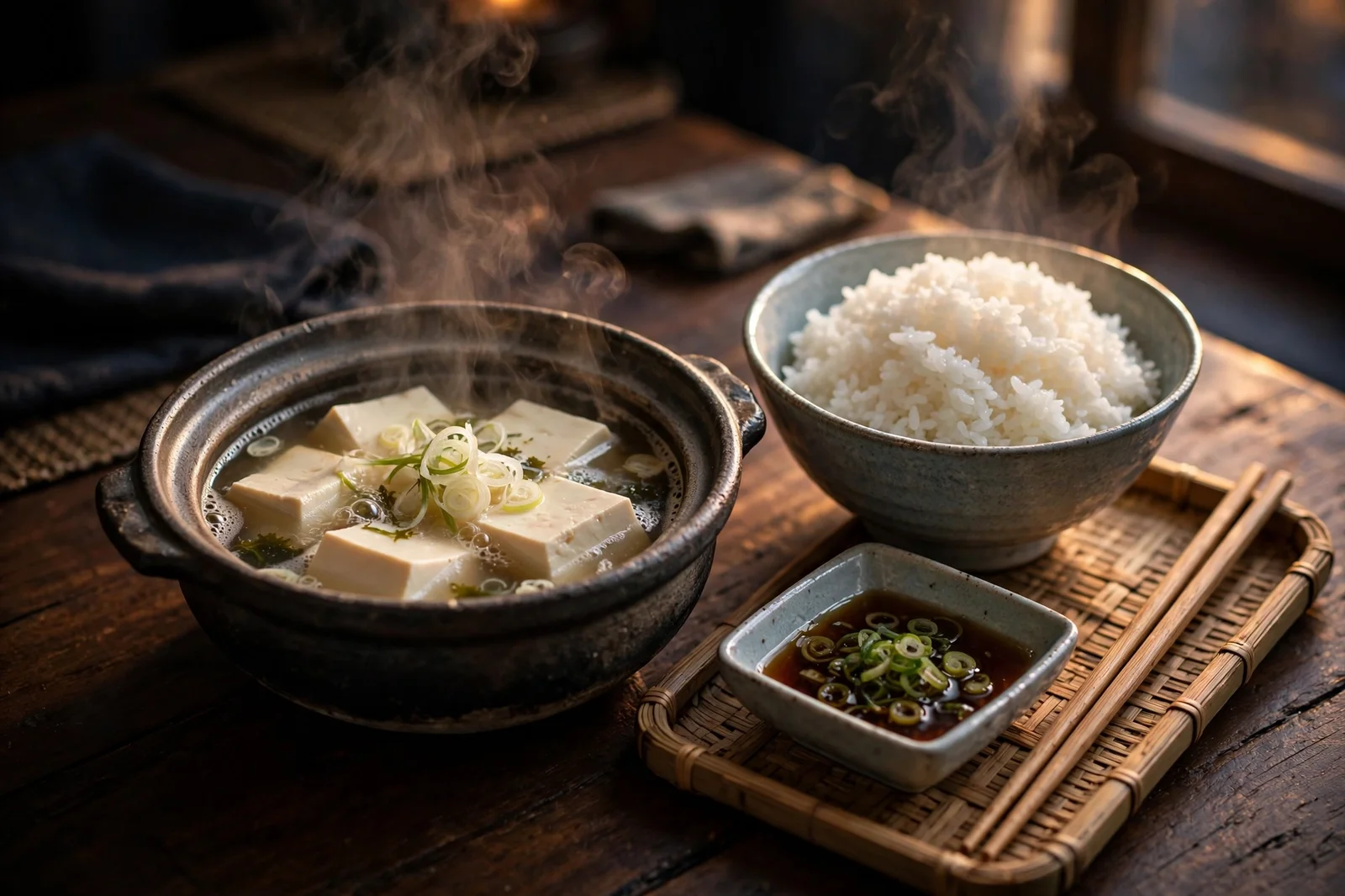 Japanese dinner setting with a personal pot of yudofu simmered tofu, steamed rice, ponzu dipping sauce and chopsticks on a wooden tray